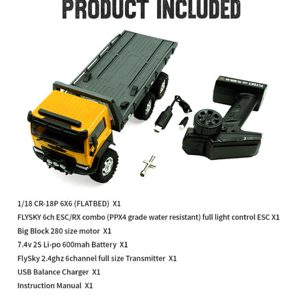 Hobby Plus 1/18 CR-18P 6X6 Flatbed Electric Brushed RTR RC Truck - Yellow  1810430